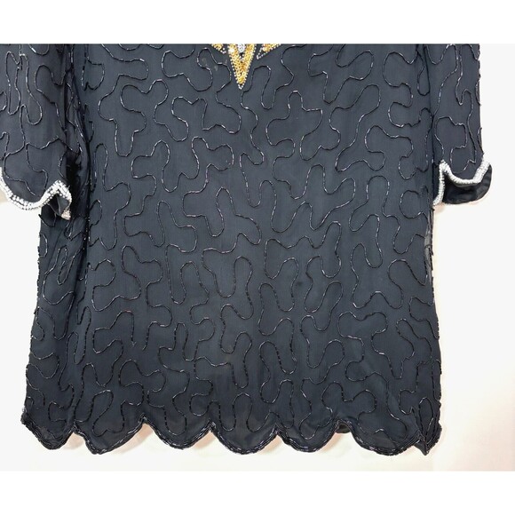 Vintage Denise Elle Beaded Sequin Top Womens 3X Gold Black Disco 80s Art Deco - Picture 4 of 13